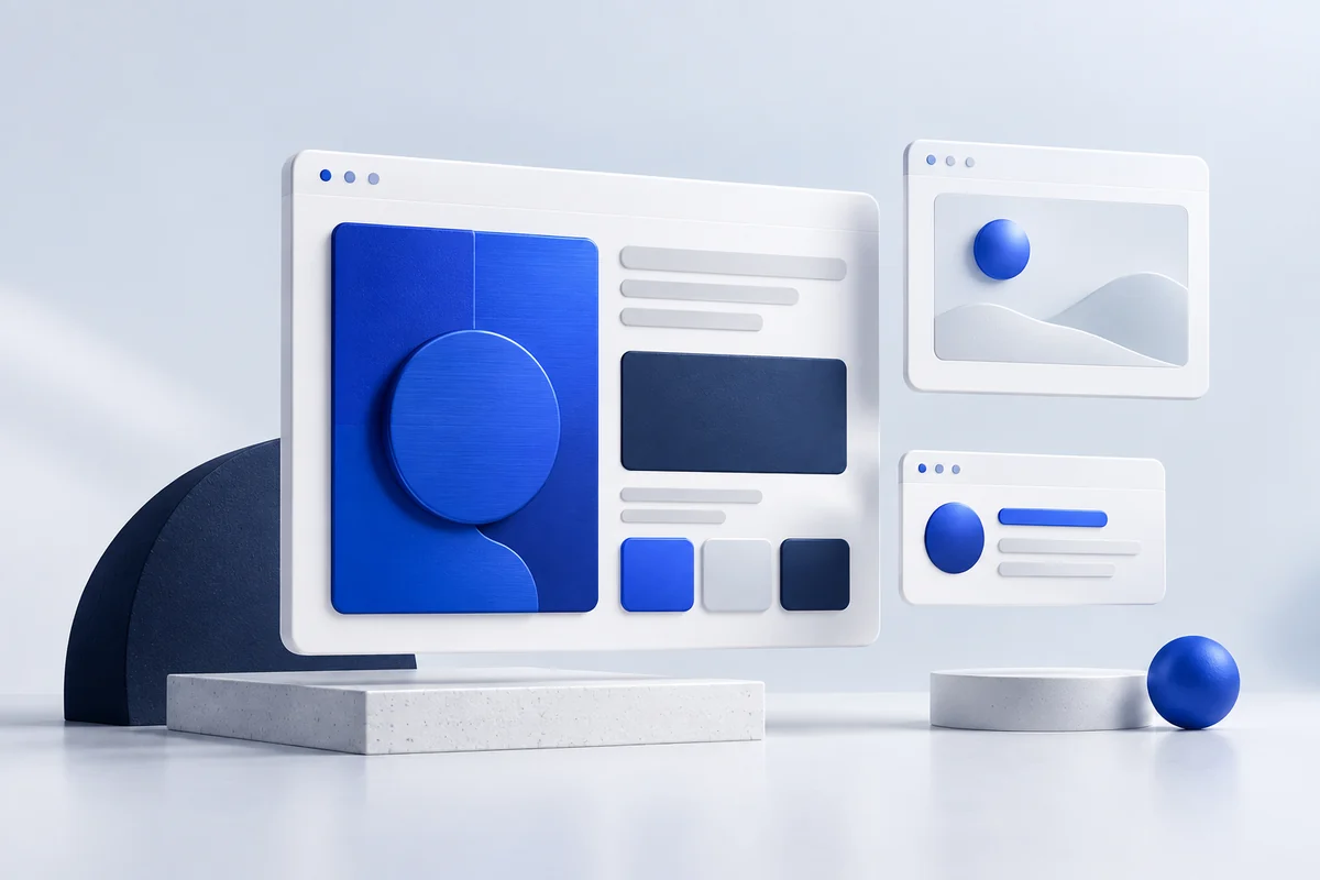 Interfaces web modulaires en blanc et bleu cobalt