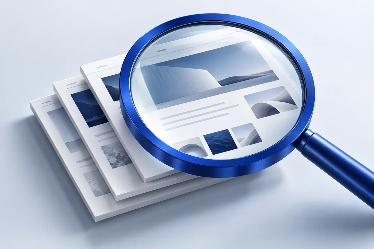 Loupe bleue examinant des pages éditoriales structurées
