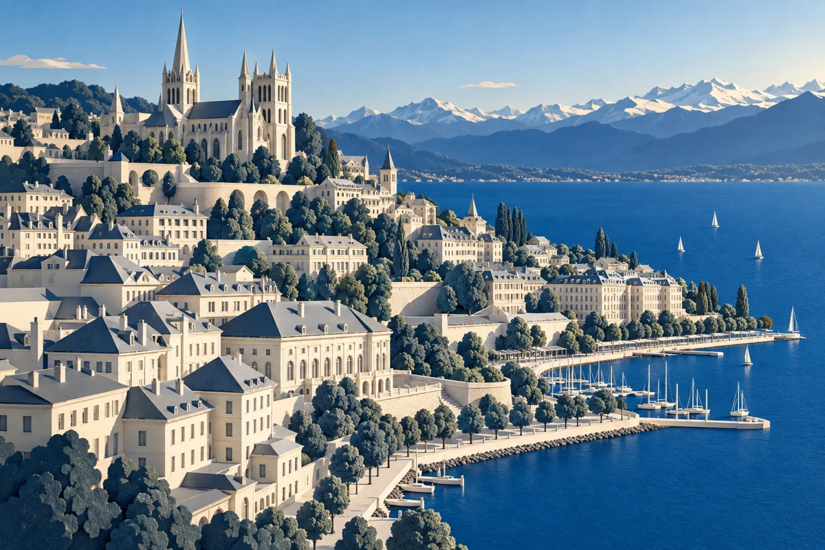 Illustration stylisée de Lausanne et du Léman